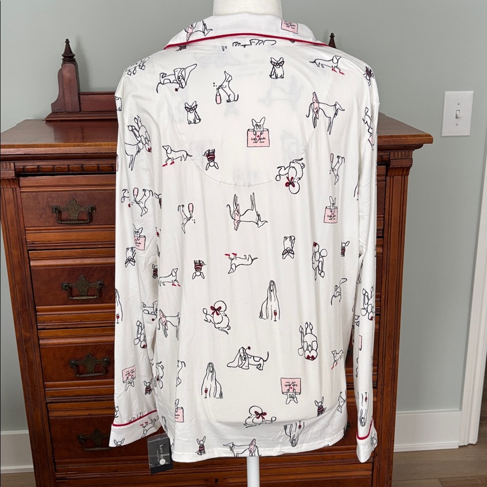 NWT Kate Spade Dog Print Long Sleeve Pajamas Cream, Black and Red Size XL Preppy - Picture 6 of 14